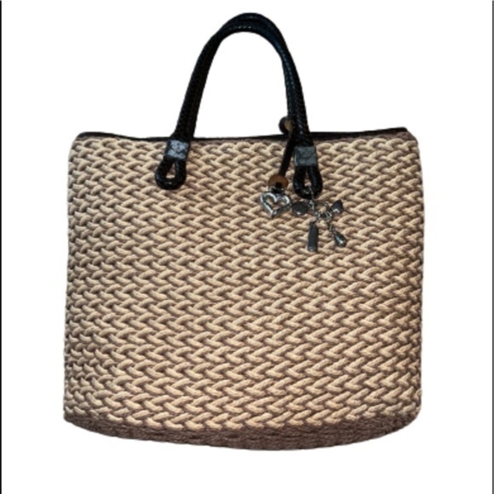 Brighton Rita tan/taupe woven straw handbag with braided brown leather straps